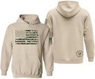 A beige pullover hoodie shown from both front and back on a plain white background. The front features a distressed American flag graphic in green camouflage with the text 'ROGUE PATRIOT' underneath.