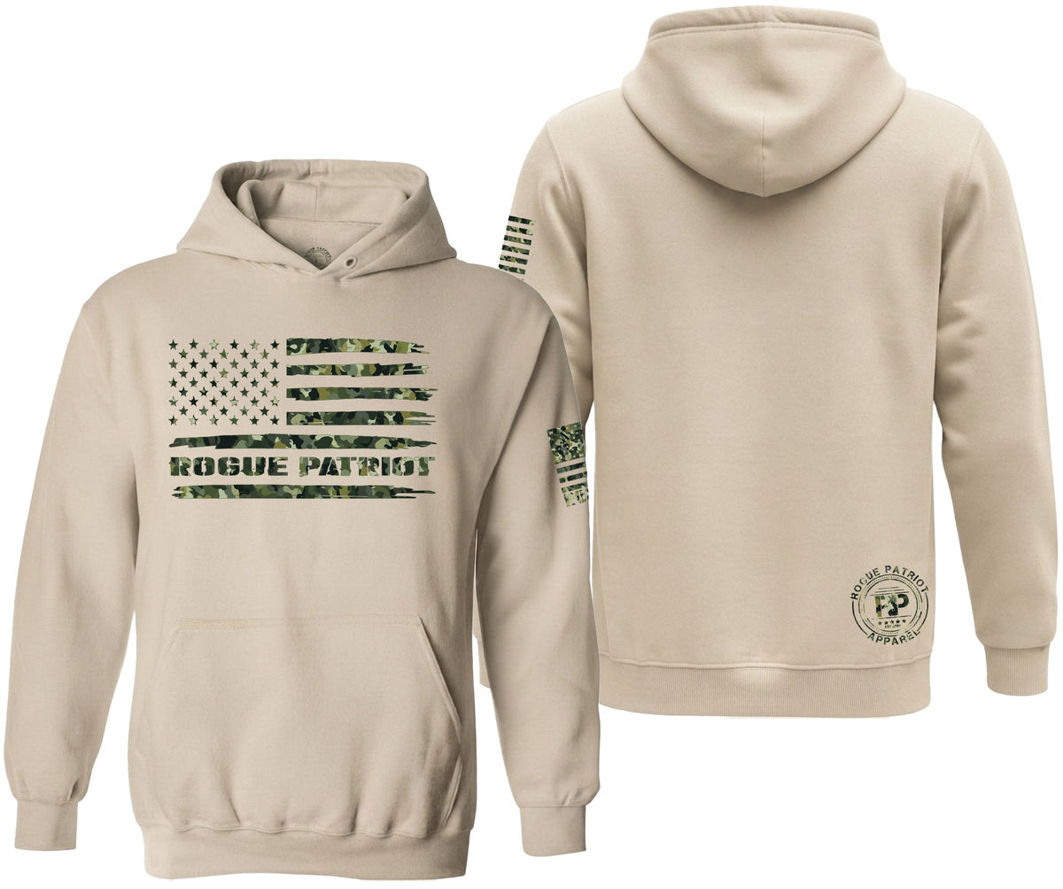 A beige pullover hoodie shown from both front and back on a plain white background. The front features a distressed American flag graphic in green camouflage with the text 'ROGUE PATRIOT' underneath.