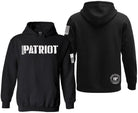 Black pullover hoodie shown from the front and back on a white background. The front features a white Rogue Patriot font, and the back has a white circular Rogue Patriot logo near the lower right side and white flag graphics on the sleeve.