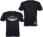 Black short-sleeve t-shirt shown from both front and back on a white background. The front features a Rogue Patriot design with white tree line and mountains with pnw