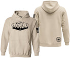 A beige pullover hoodie shown from both the front and back on a plain white background. The front features a black graphic of a mountain range with the text 'ROGUE PATRIOT AND PNW'.