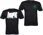 Two black short-sleeve t-shirts shown on a plain white background, with the front and back views side by side. The front shirt has a green circular chest logo reading 'Rustico Products' with 'RP' inside.