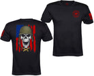 Black short-sleeve t-shirt shown from both front and back. The front features a red circular chest logo, and the back displays a large graphic of a skull wearing a military helmet over a distressed American flag with red stripes and crossed tactical knives.