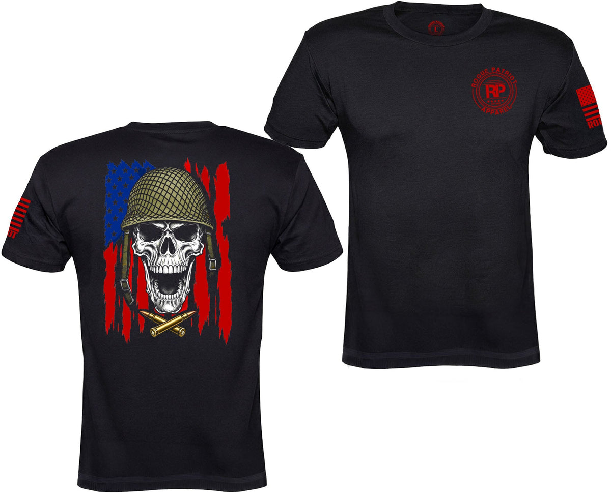 Black short-sleeve t-shirt shown from both front and back. The front features a red circular chest logo, and the back displays a large graphic of a skull wearing a military helmet over a distressed American flag with red stripes and crossed tactical knives.