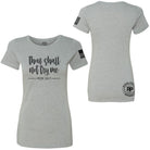 Heather gray short-sleeve t-shirt shown from both front and back on a white background. The front features the black text 'thou shall not try me' with 'MOM 24/7' underneath, and the back has a circular Rogue Patriot Apparel logo on the lower back and a black flag graphic on the sleeve.